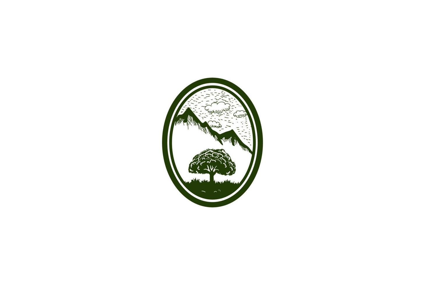 vintage retro bergheuvel met eiken banyanboom logo ontwerp vector
