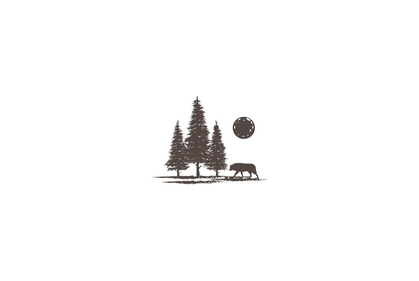 zonsondergang dennen ceder sparren sparren met wolf voor wildernis avontuur logo ontwerp vector