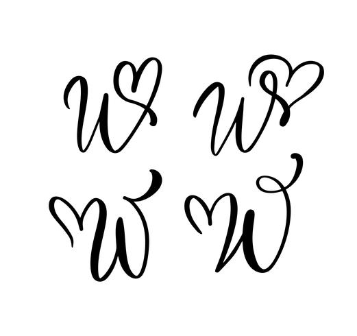 Vector Set van Vintage floral letter monogram W. Kalligrafie element Valentine bloeien. Hand getekend hart teken voor pagina decoratie en ontwerp illustratie. Hou van bruiloft kaart voor uitnodiging