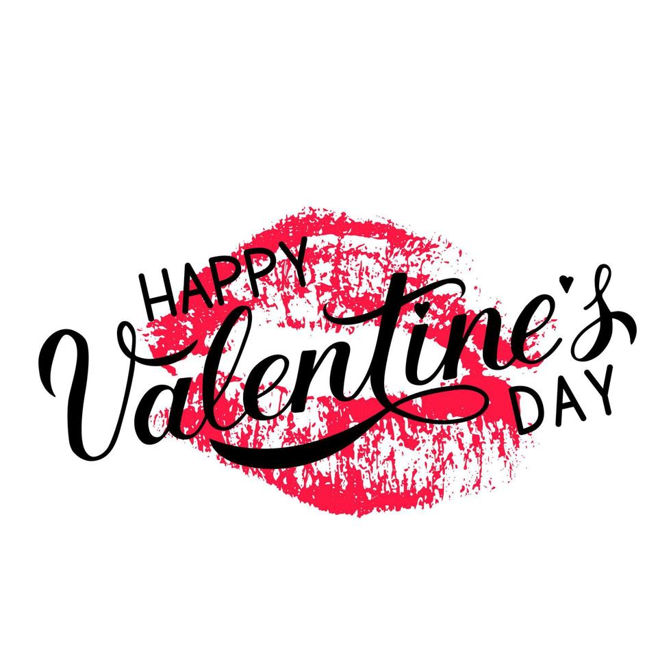 happy Valentijnsdag kalligrafie belettering met rode lippenstift kus geïsoleerd op wit. vector sjabloon voor Valentijnsdag wenskaart, uitnodiging voor feest, flyer, banner enz. afdruk van de lippen.