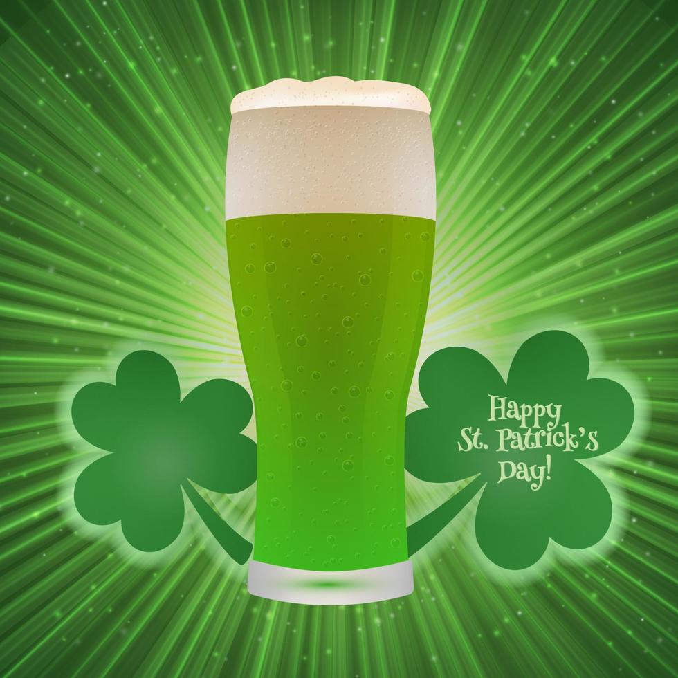 st. patrick's day wenskaart op een heldergroene achtergrond met klaver en glas bier. gemakkelijk te bewerken vectorontwerpsjabloon. vector