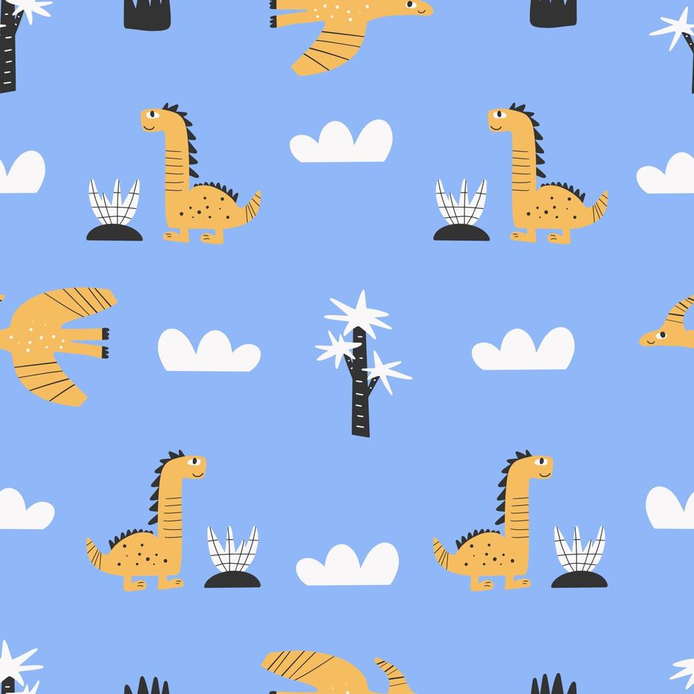 schattig naadloos patroon met gevarieerde dinosaurussen. creatieve kinderachtige achtergrond voor stof. vector