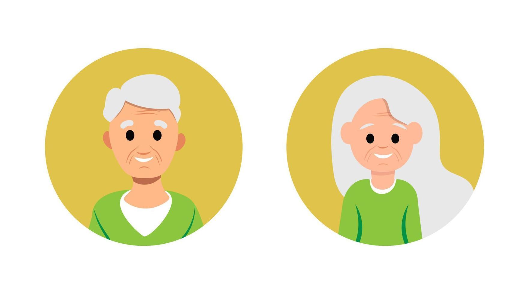 oude volwassen vrouw en man avatar vrolijk lachend gezicht plat karakter geïsoleerd vector set persoon oma en opa portret mensen hoofd ouderling leeftijd pensionering