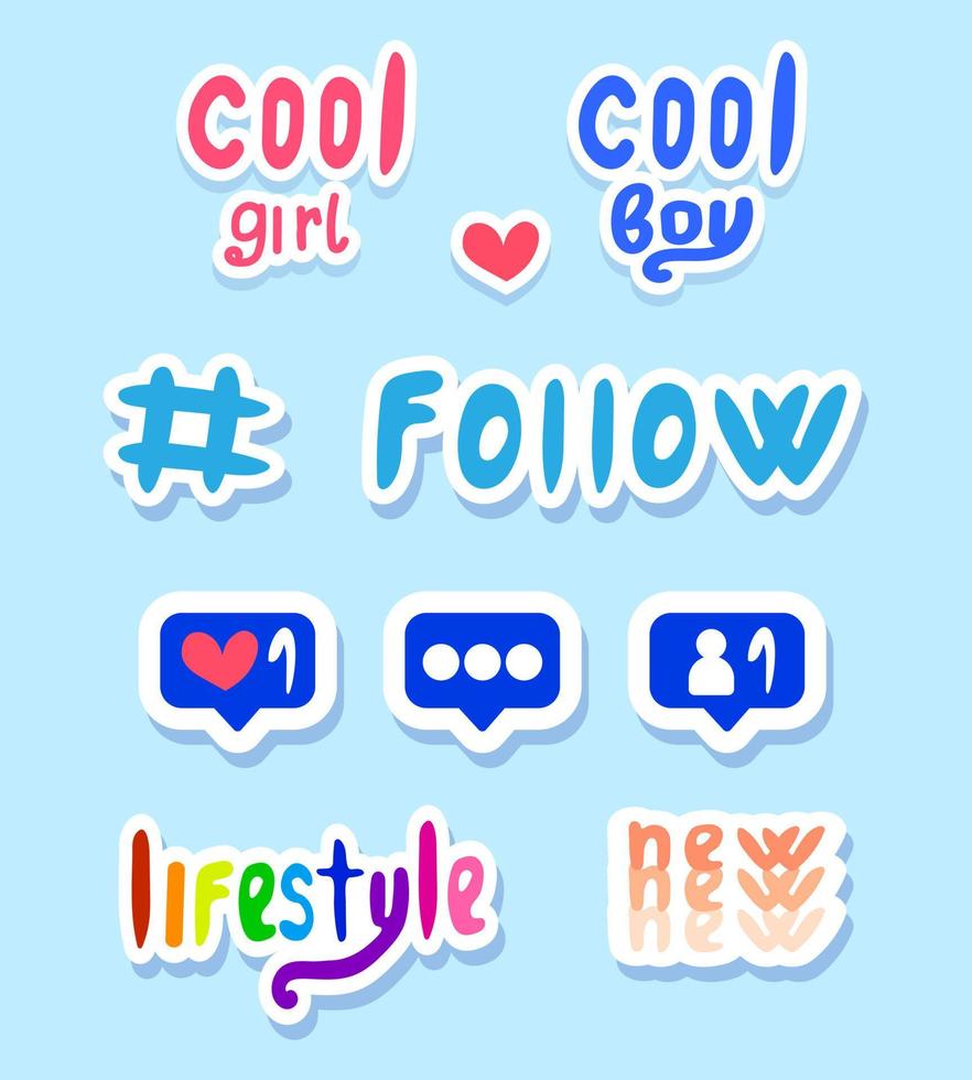 stickerset voor sociale media, kleurrijke doodle tekening grafische blogmelding, eenvoudige platte woorduitdrukking belettering. coole jongen, cool meisje, nieuw, levensstijl, hashtag, volgen, online webchatpictogram. vector