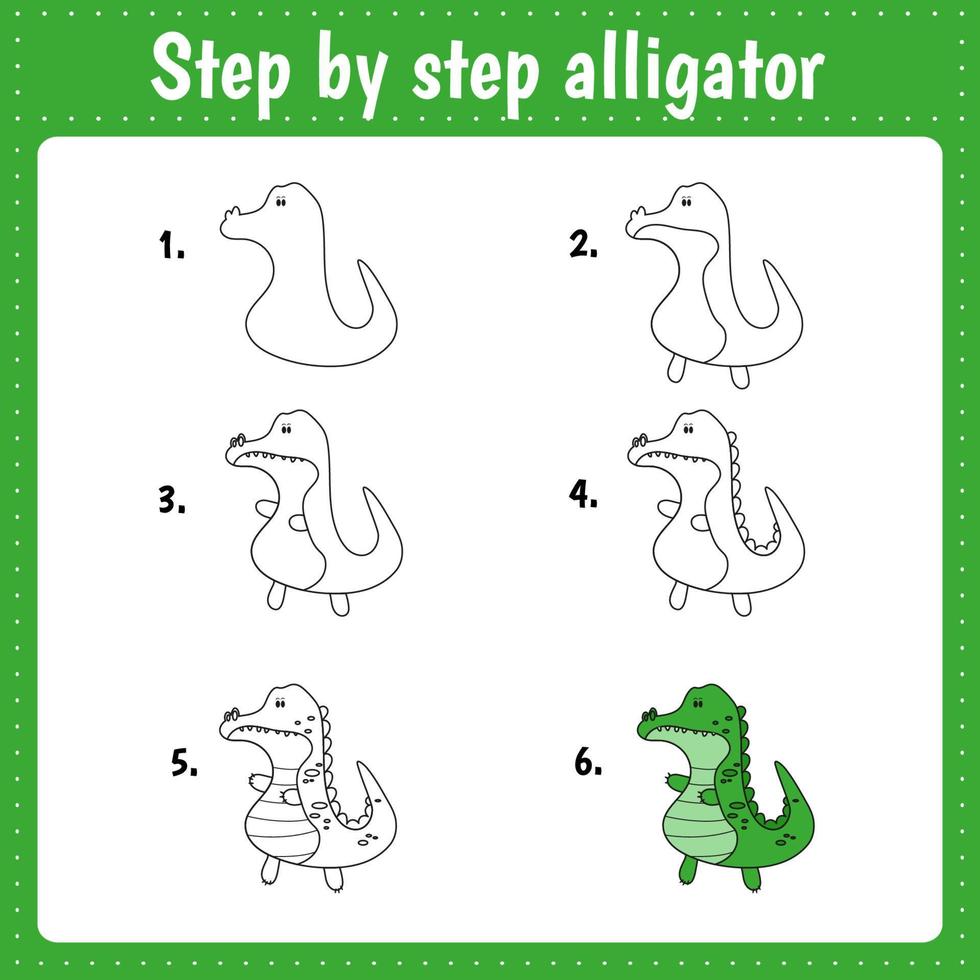 tekenles voor kinderen. hoe alligators te tekenen. zelfstudie tekenen. herhaalt stap voor stap het beeld. kinderactiviteit kunstpagina voor boek. vectorillustratie. vector