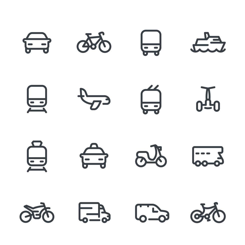 transportlijnpictogrammen over wit, auto's, trein, vliegtuig, bestelwagen, fiets, motor, bus, taxi, trolleybus, metro, openbaar vervoer, lucht en vector