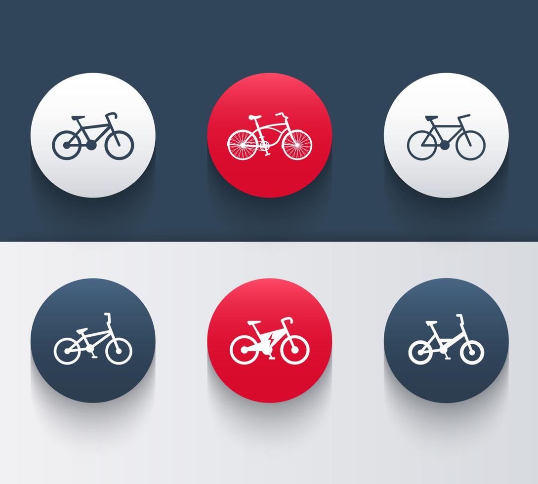 fietspictogrammen, fietspictogram, fietsen, fietspictogram, retro fiets, elektrische fiets, platte ronde pictogrammen in rood en blauw, vector