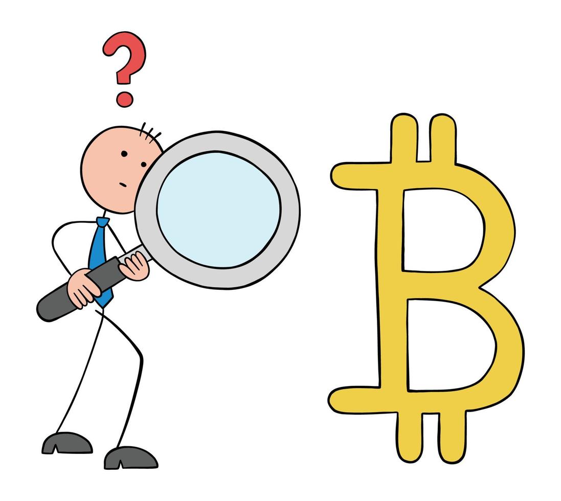 stickman zakenman die vergrootglas houdt tegen bitcoin-symbool en financiële overzichten onderzoekt, met de hand getekende schets cartoon vectorillustratie vector