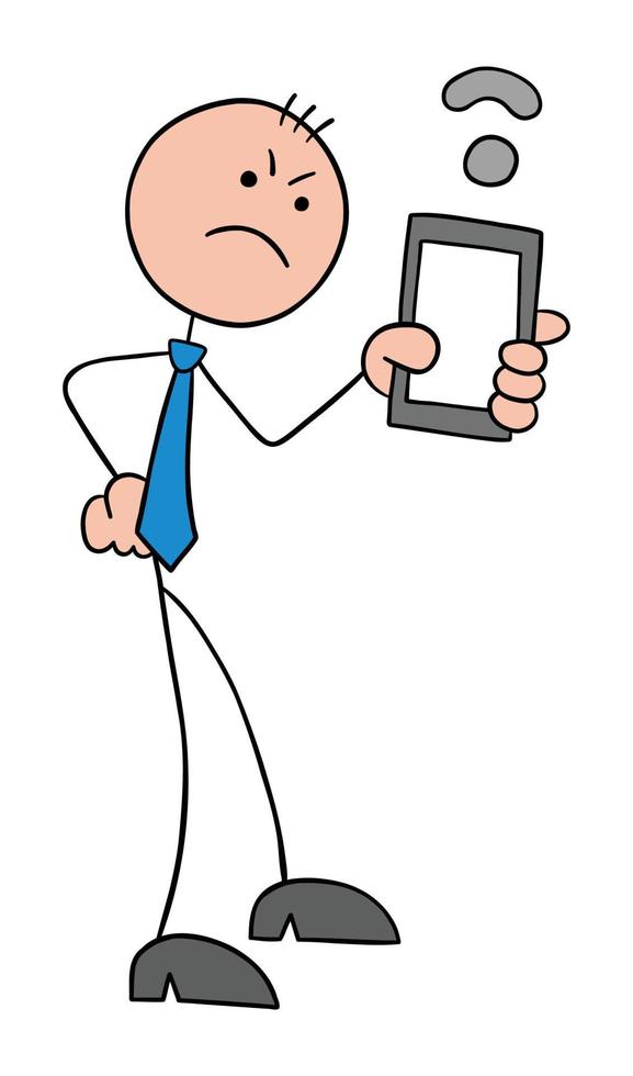 stickman zakenman houdt de telefoon vast en is gefrustreerd door een zwak wifi-signaal, met de hand getekende schets cartoon vectorillustratie vector