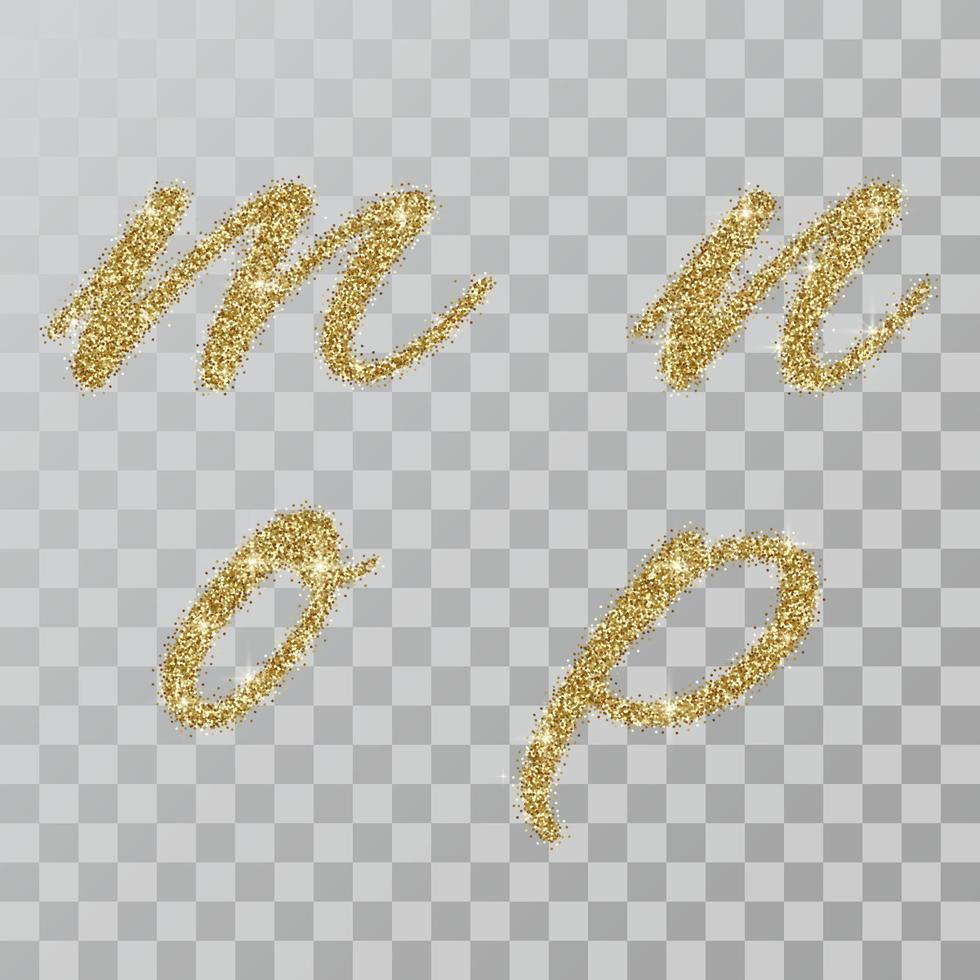 gouden glitterpoeder letter m, n, o, p in handgeschilderde stijl. vector