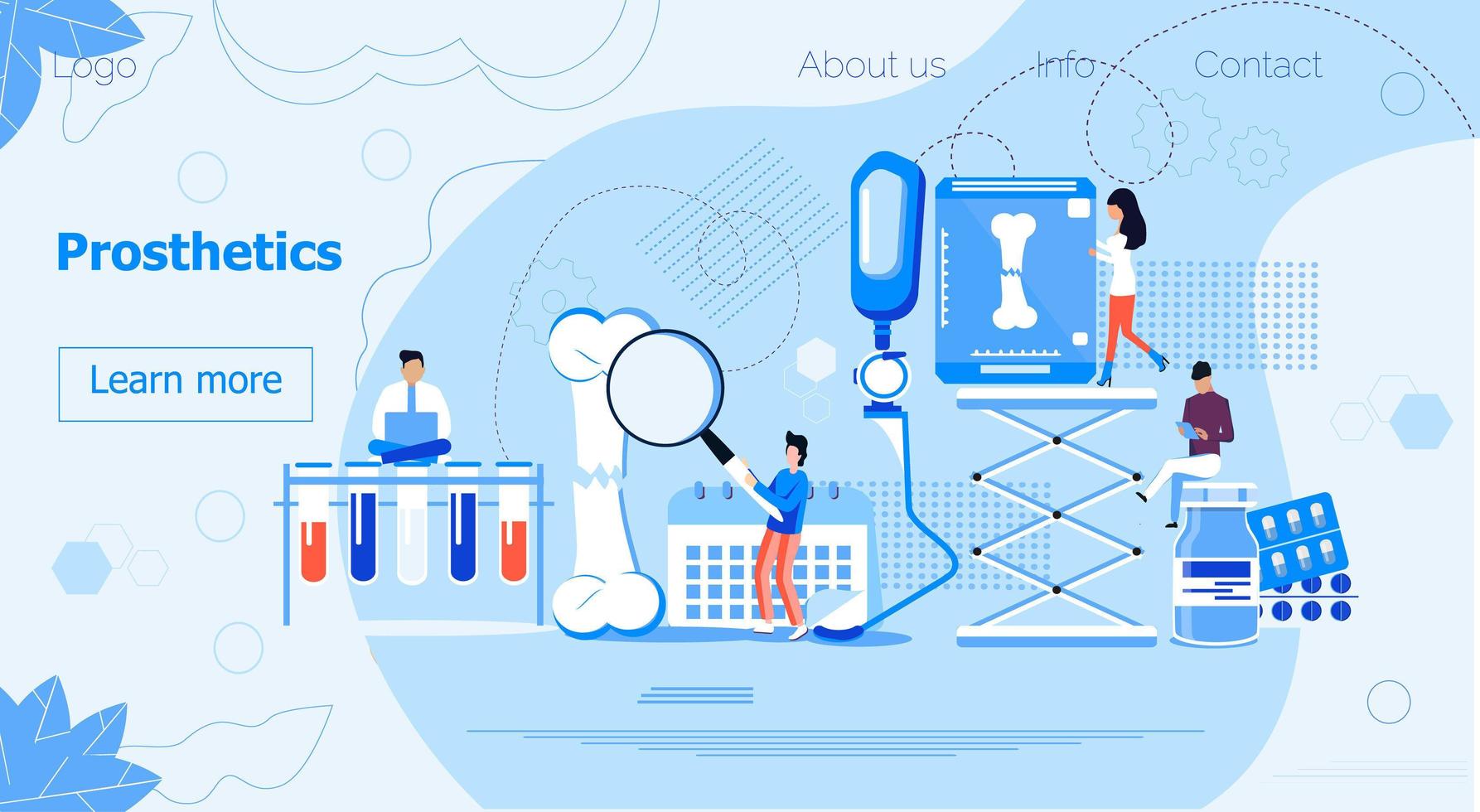 prothese en orthopedisch centrum concept vector voor website. kleine dokters bieden loperbeenprothese aan. bionische metalen ledemaat voor de mens. arbeidsongeschiktheidsdag, maand. medische ondersteuning voor een maand.