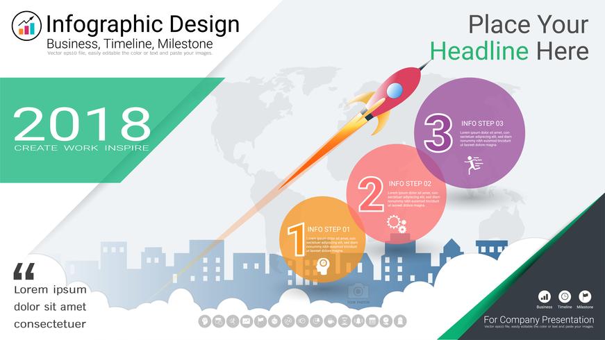 Zakelijke infographics sjabloon, mijlpaal tijdlijn of routekaart met proces stroomdiagram 3 opties. vector