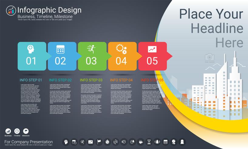 Zakelijke infographics sjabloon, mijlpaal tijdlijn of routekaart met proces stroomdiagram 5 opties. vector