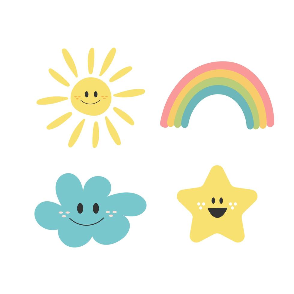 schattige handgetekende collectie met karakterwolk, regenboog, zon en ster. vector