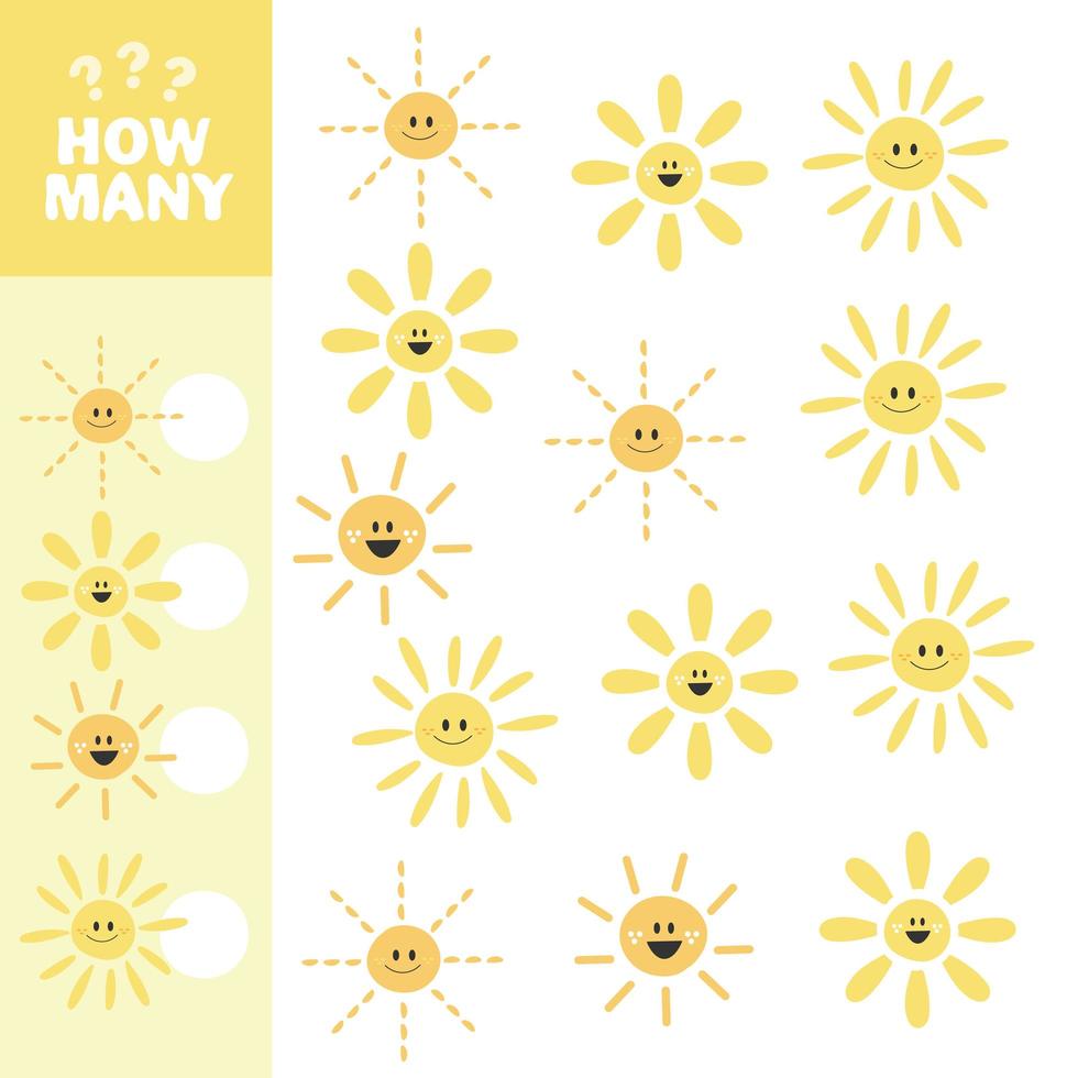 telspel, hoeveel zon. educatief kinderspel, afdrukbaar werkblad vector