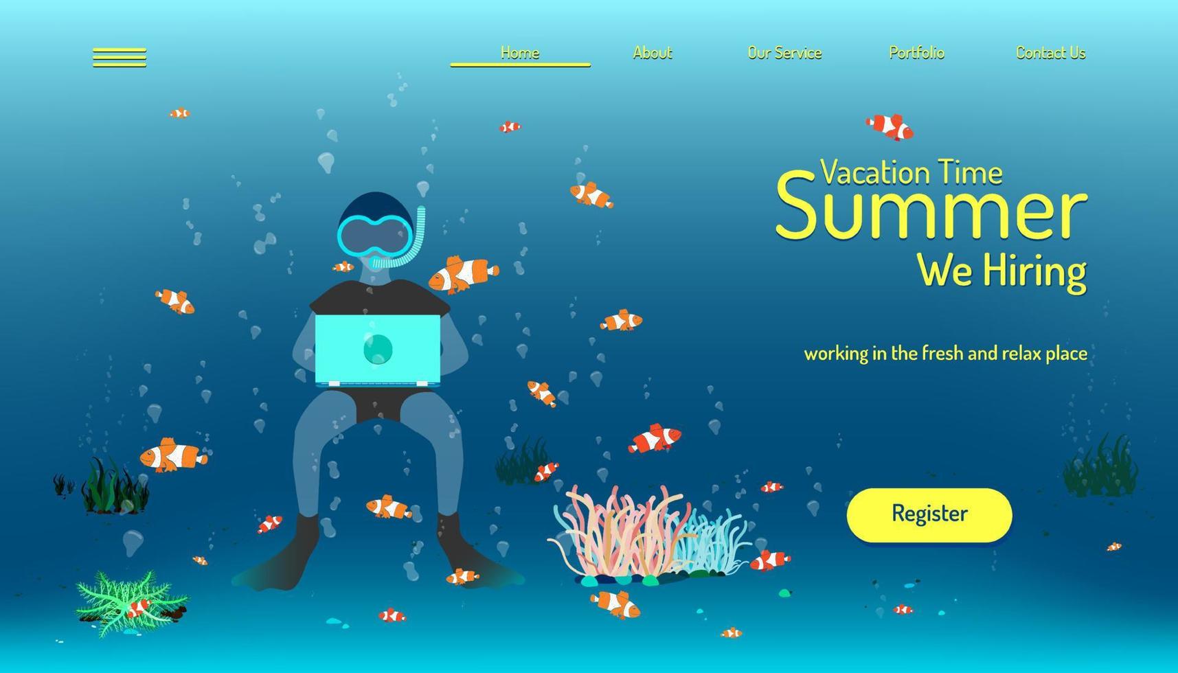 websitesjabloon voor bestemmingspagina's. zomervakantie tijd. we huren werken in de frisse en ontspannen plek. nemo vis spelen met luchtbal. mooi ontwerp. vector illustratie eps10