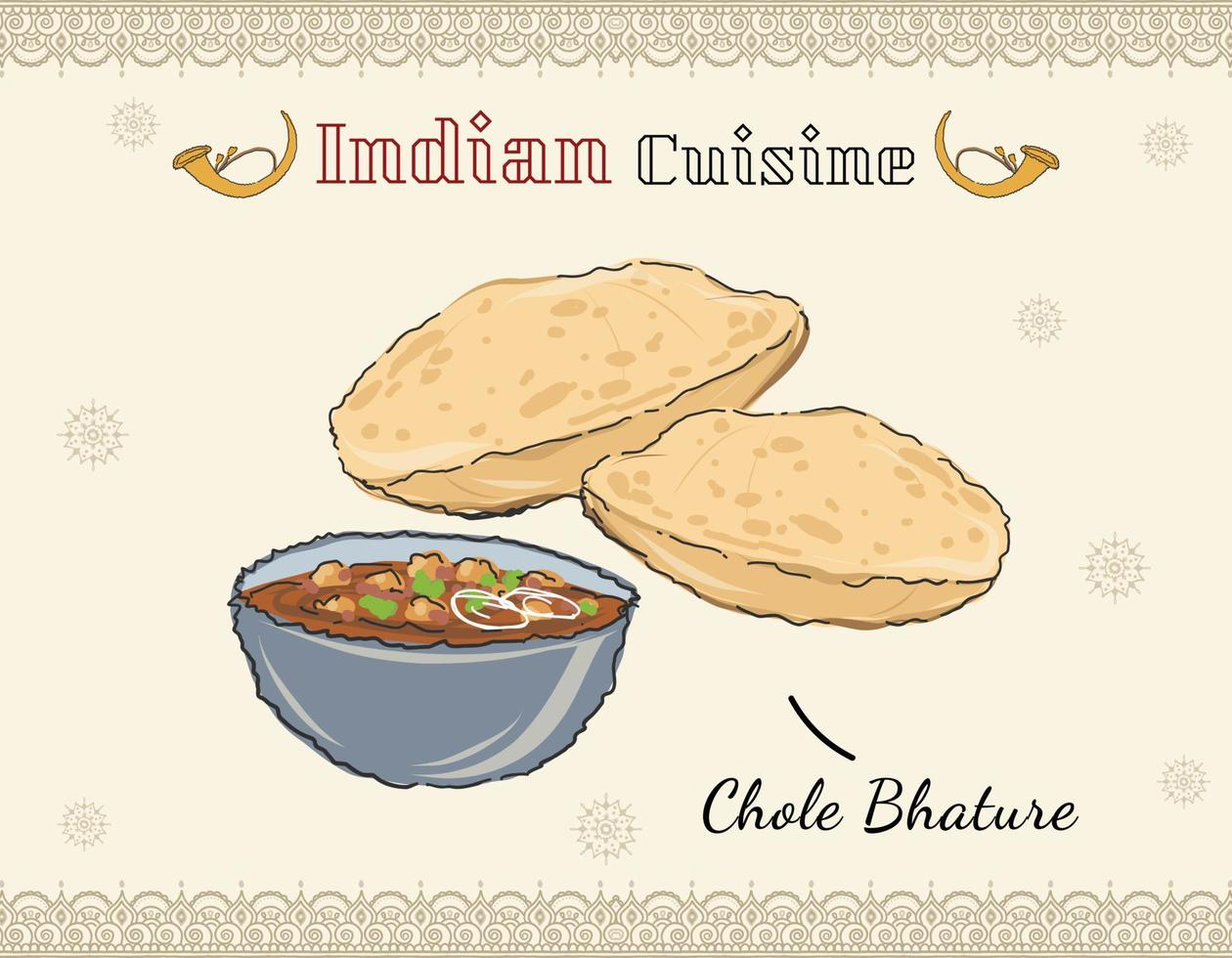 illustratie Indiase keuken. chole bhature of kikkererwtencurry en gebakken puri geserveerd in terracotta servies. Indiase keuken geïsoleerde schotel gekleurde vector doodle.