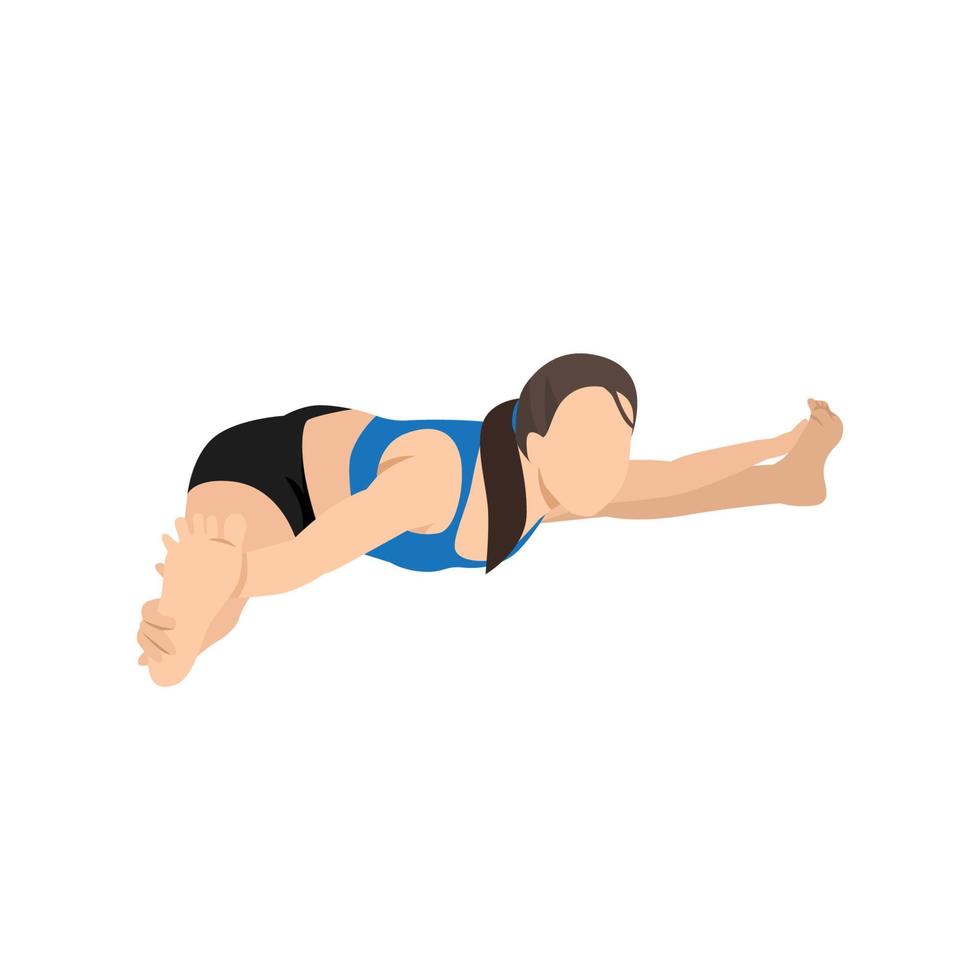 vrouw doet groothoek zittende voorwaartse buiging pose upavistha konasana oefening. platte vectorillustratie geïsoleerd op een witte achtergrond vector