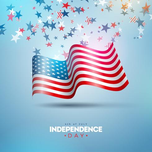 4 juli Independence Day van de VS Vector Illustratie. Fourth of July Amerikaanse nationale viering ontwerp met vlag en sterren op blauwe en witte Confetti achtergrond