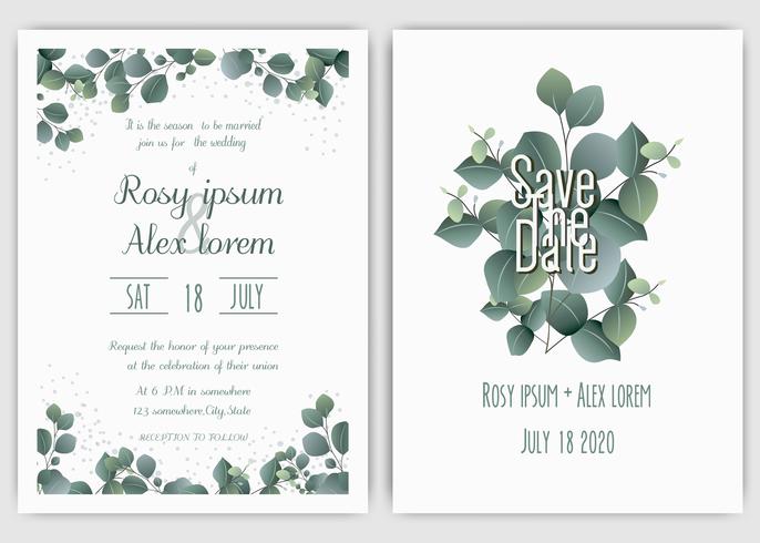 Groen bruiloft uitnodiging, sjabloon Eucalyptus bruiloft uitnodiging. vector