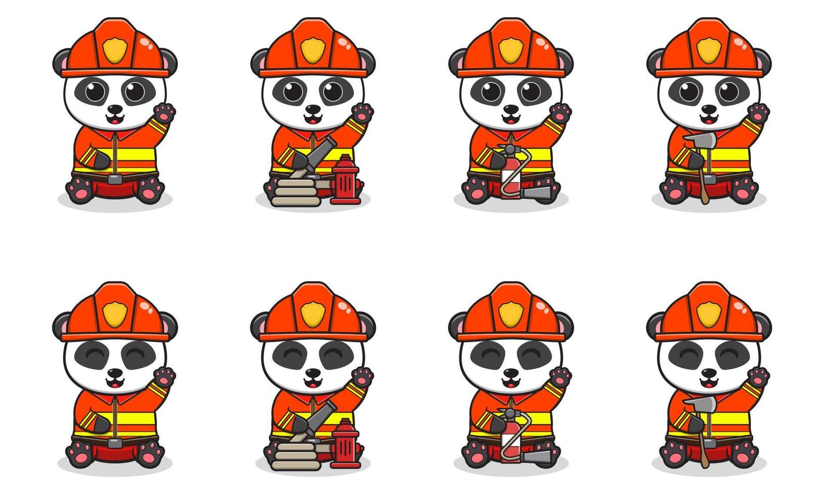 vectorillustratie van schattige panda met brandweerman kostuum plaatsing en hand omhoog pose. vector