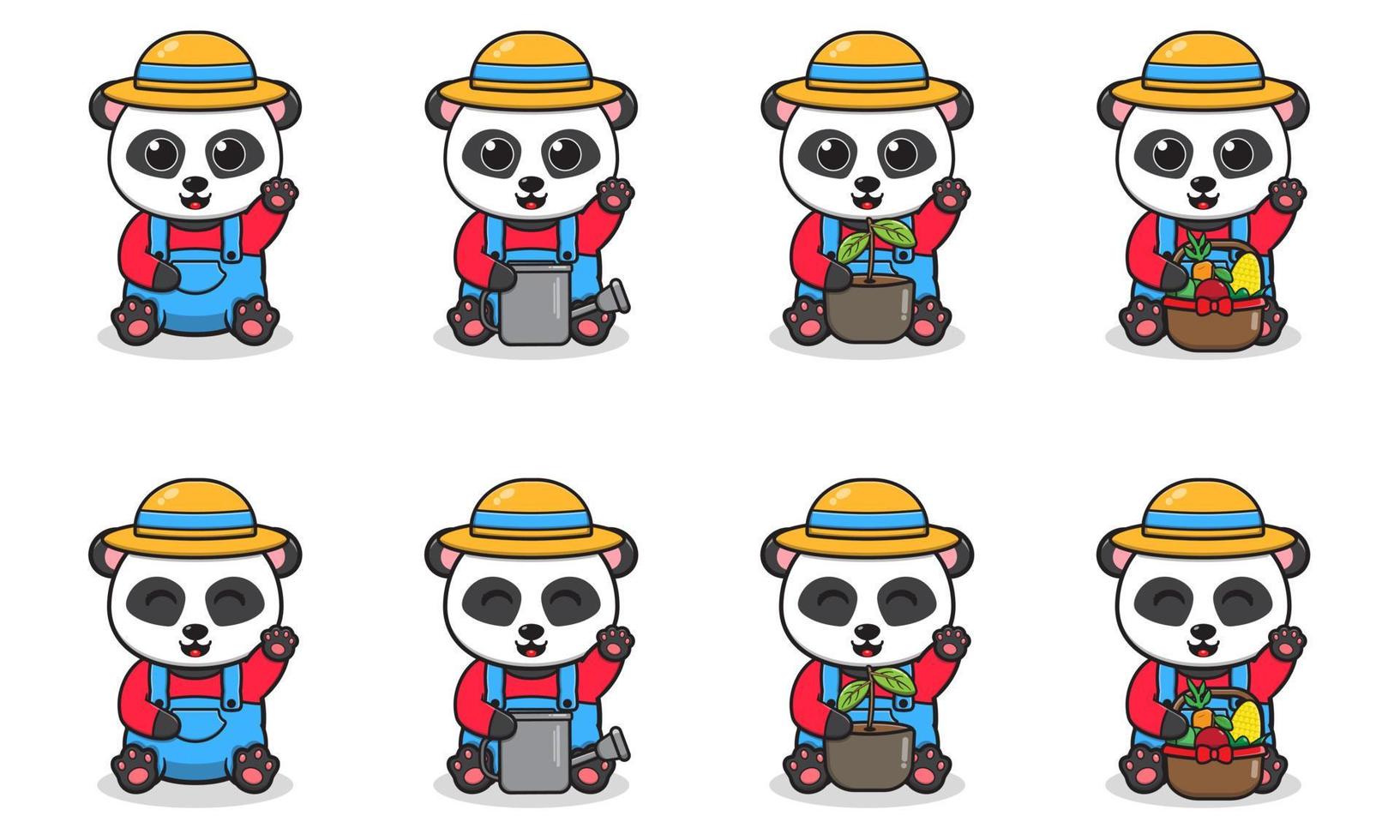 vectorillustratie van schattige panda met boer kostuum plaatsing en hand omhoog pose. vector