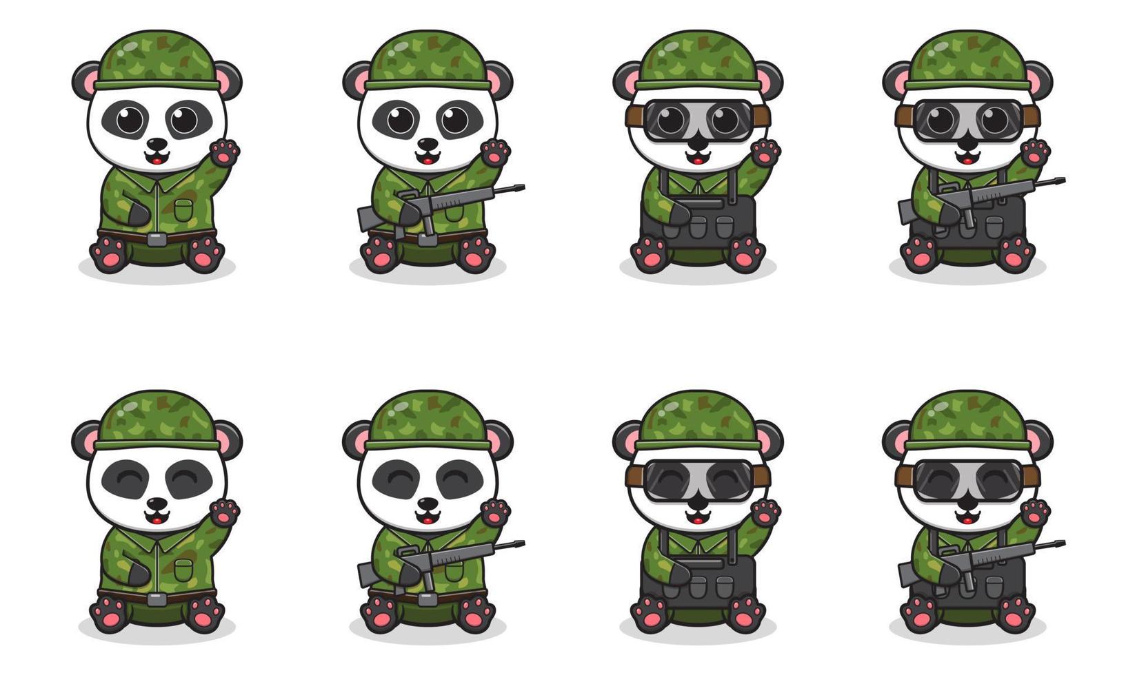 vectorillustratie van schattige panda met soldaat kostuum situering en hand omhoog pose vector