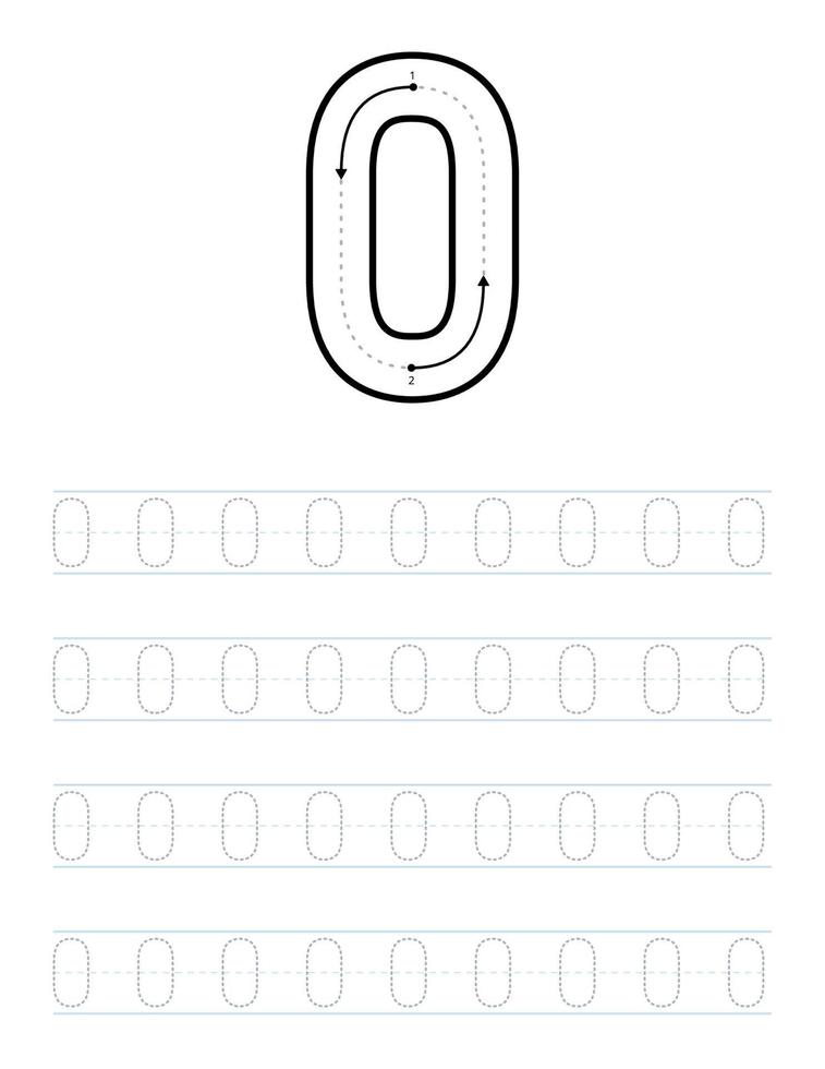 traceernummer 0 nul werkblad voor kinderen en kleuters met traceergids vector