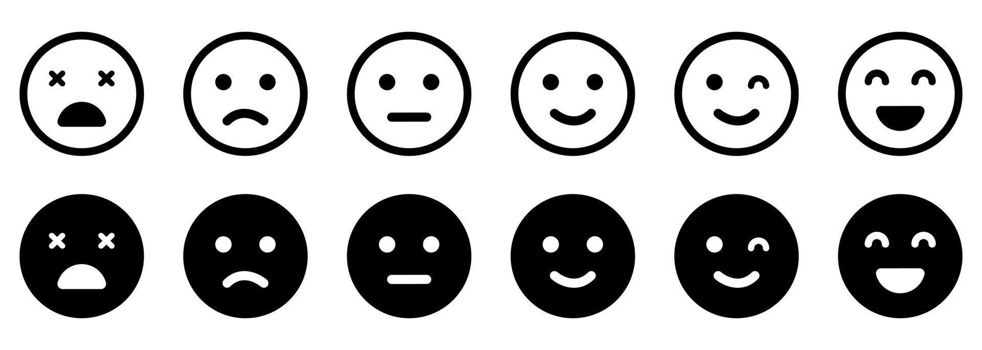 emoticons lijn en silhouet icon set. positief, gelukkig, glimlach, droevig, ongelukkig gezichtenpictogram. eenvoudige emoji-verzameling. klanten feedback concept. goed en slecht humeur. geïsoleerde vectorillustratie. vector