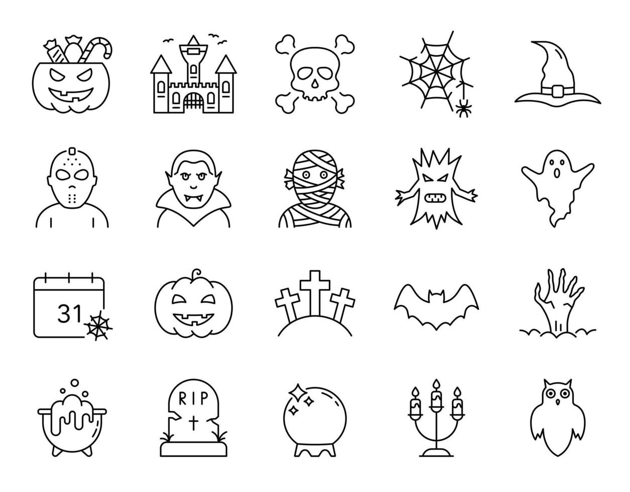 halloween set lijn pictogram. spookachtig horror lineair pictogram. halloween-concept. pompoen, spook, vleermuis, graf, schedel, vampier eng magisch overzichtspictogram. bewerkbare streek. geïsoleerde vectorillustratie. vector