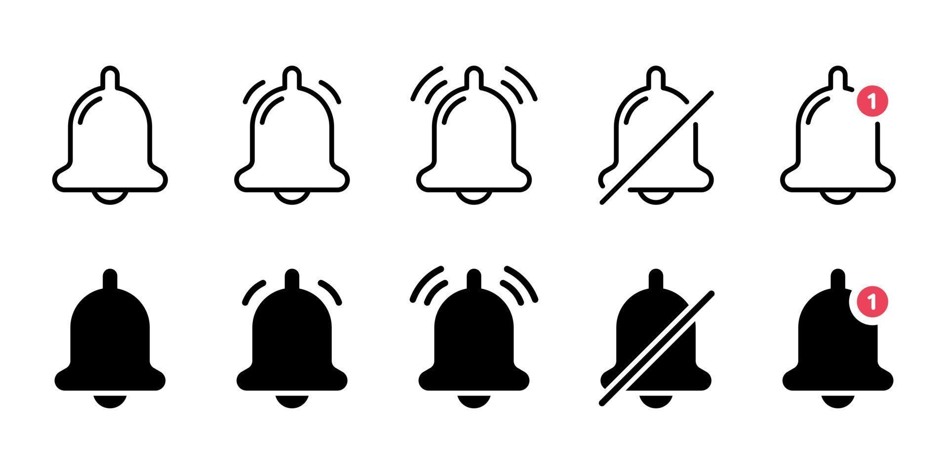 set van meldingsbellen en stille modus concept lijn en silhouet icoon. rinkelende deurbellen voor app voor mobiele telefoons. waarschuwingssymbool op smartphone. bel met rode knop. geïsoleerde vectorillustratie. vector