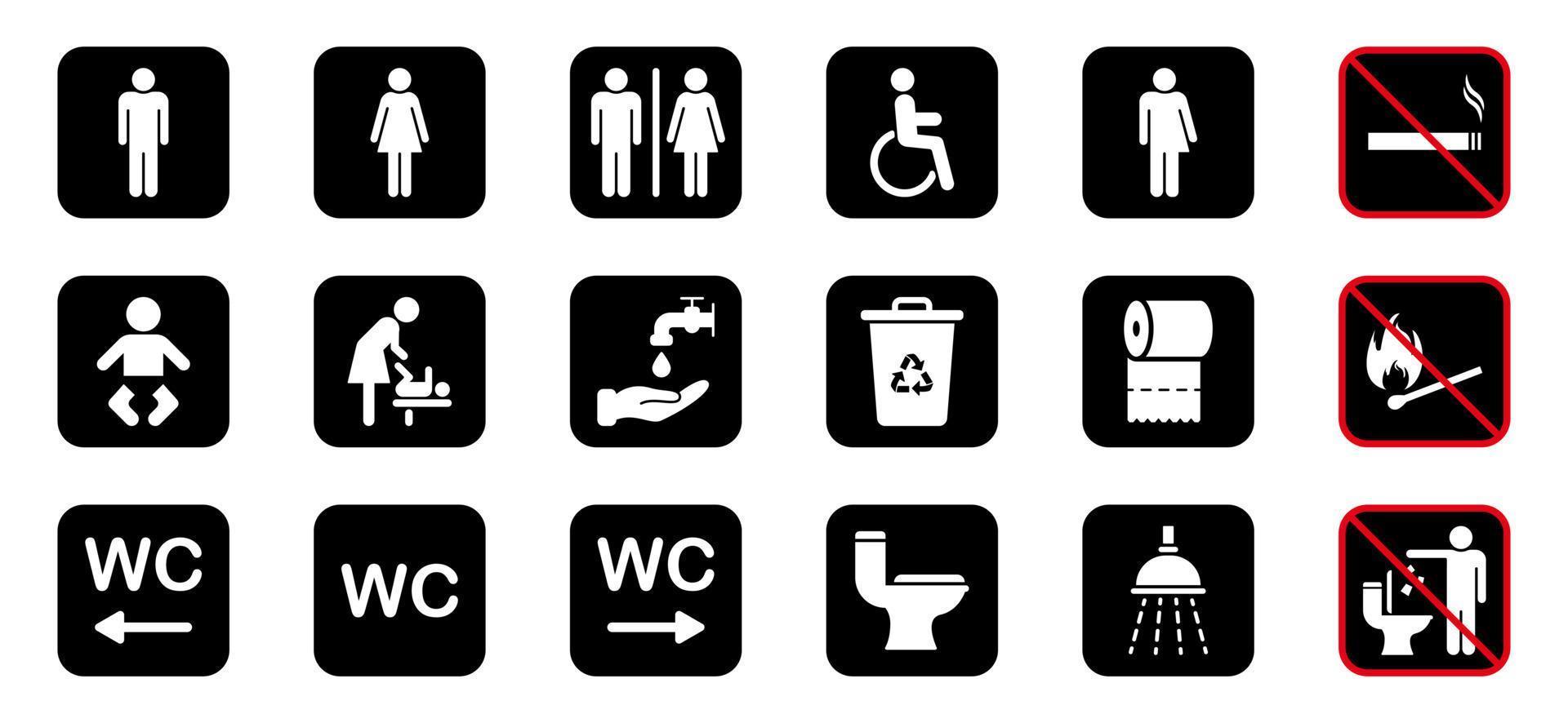 set wc-teken. toilet kamer silhouet pictogram. toilet, badkamerpictogram. moeder- en babykamer. openbare wasruimte voor gehandicapten, man, vrouw, transgender. niet roken icoon. vectorillustratie. vector