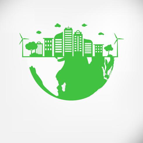 Save Earth Planet World Concept. Wereld milieu dag concept. groene moderne stedelijke stad op groene wereld, veilig de wereld, natuurlijke en ecologie concept vector
