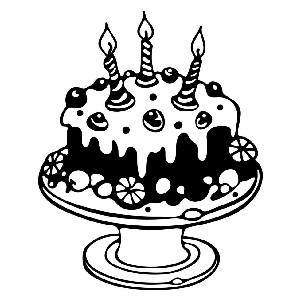 verjaardagstaart op stand vector overzicht doodle illustratie geïsoleerd op een witte achtergrond.