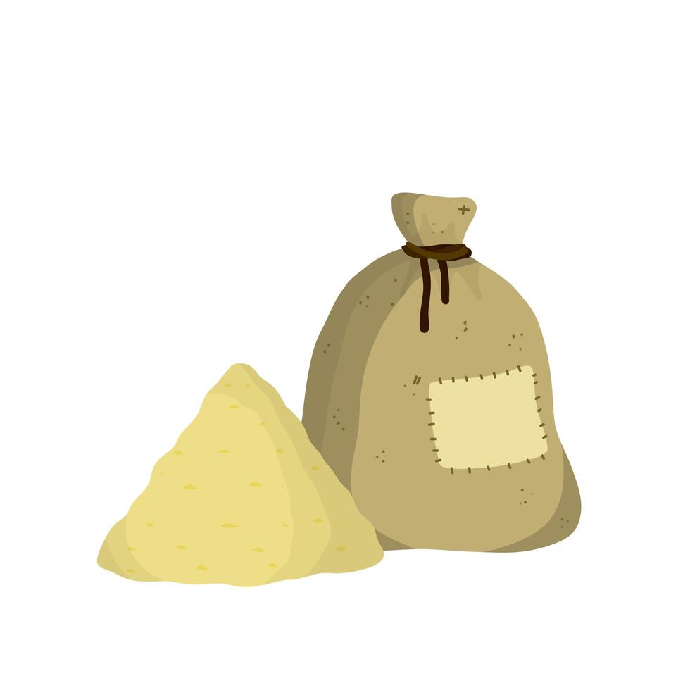 canvas jute tas. cartoon vlakke afbeelding. rustiek element voor molen. verpakking voor opslag van graan en meel. stapel tarwe vector