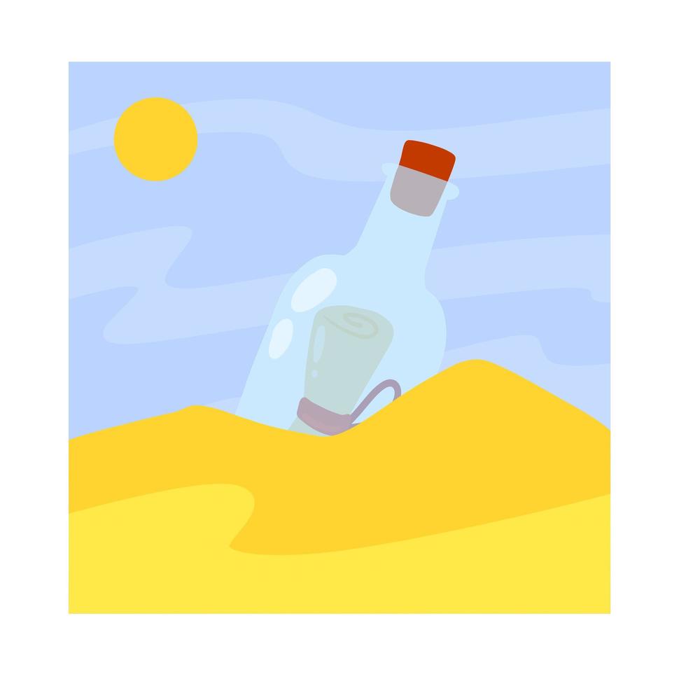 bericht in fles in zand. brief en piraatnota in kust of kust. blauw glas. cartoon afbeelding geïsoleerd op wit vector