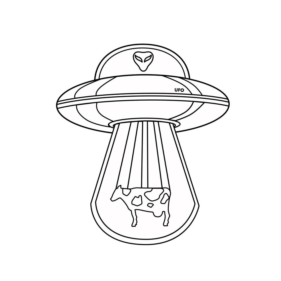 ufo met een alien en een koe. omtrek van een ufo. vliegende schotel. een buitenaards ruimteschip geïsoleerd op een witte achtergrond. kleurboek, vector pictogram.