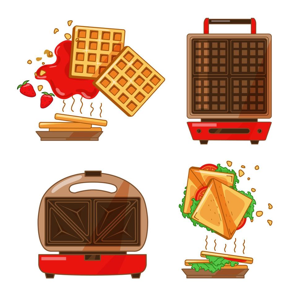 kleurrijke set keukenapparatuur. sandwich en wafelijzer op een geïsoleerde achtergrond. sandwiches en wafels met jam. vector. vector