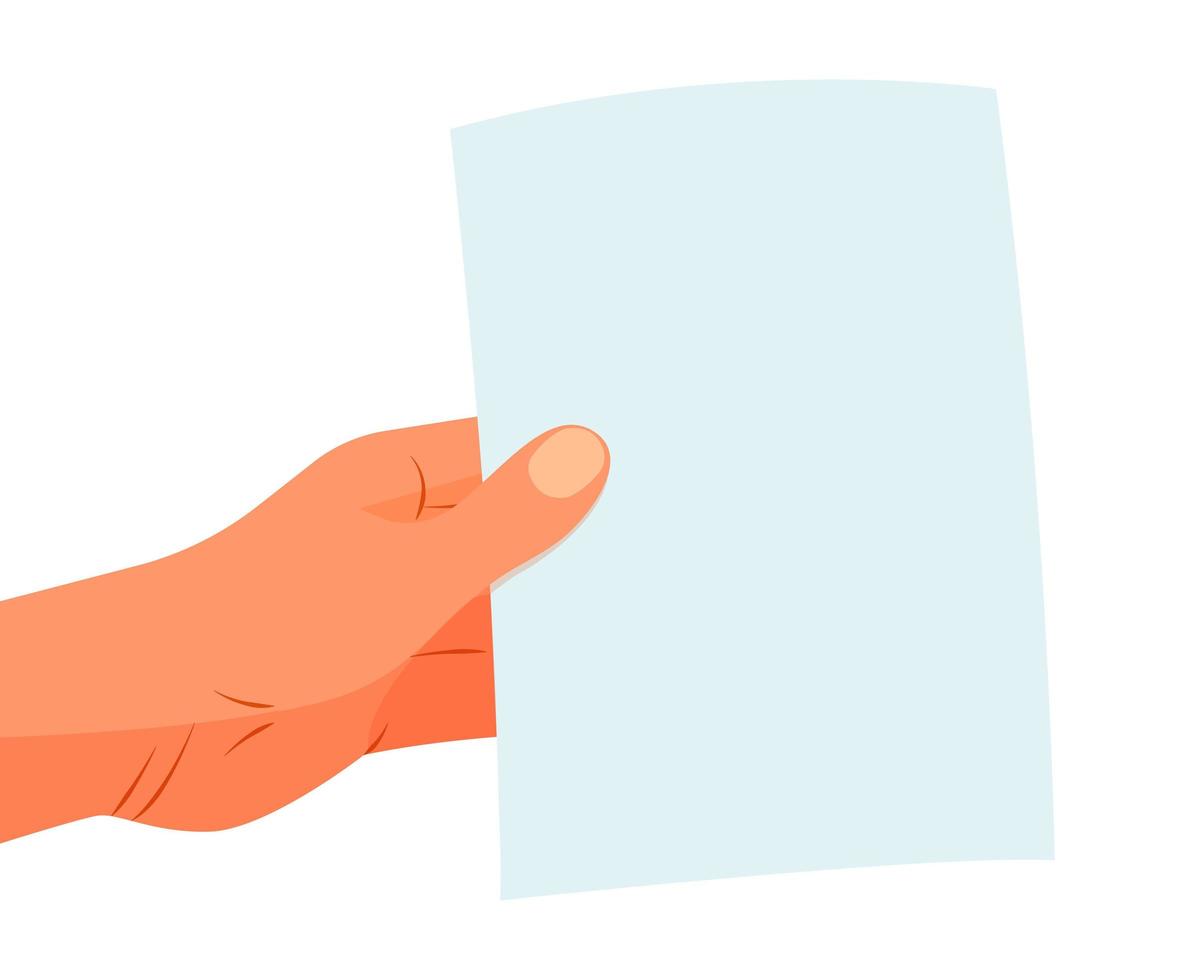 persoonshand houdt een leeg vel papier vast voor notities zonder tekst. vector