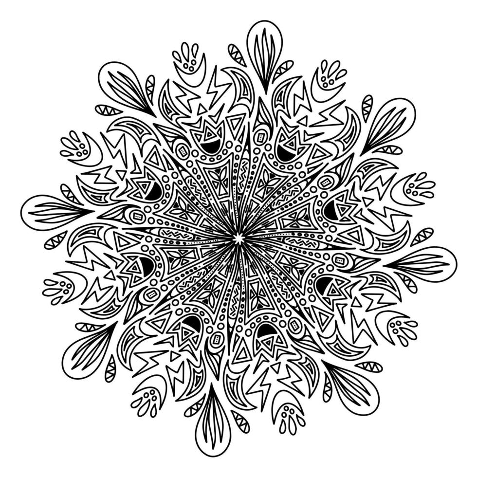 abstracte moderne vector mandala met bliksem, bloemen en druppels in doodle stijl geïsoleerd op een witte achtergrond. illustratie voor seizoensgebonden ontwerp, textiel, decoratie kinderspeelkamer of wenskaart.