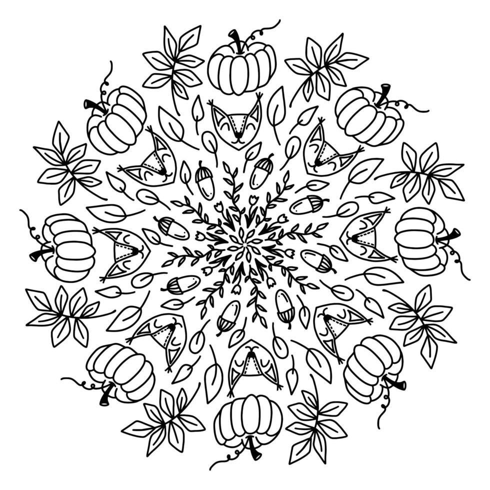 schattige doodle herfst mandala met bladeren, paddestoelen, manden, vos, tulpen, bladeren, eikels geïsoleerd op een witte achtergrond. hand getekende vectorillustratie voor volwassenen en kinderen kleurplaten pagina en artbooks. vector