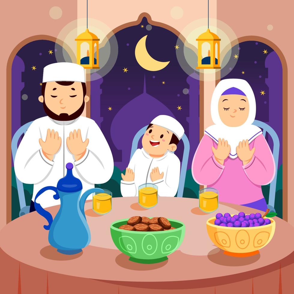 moslimfamilie die bidt op vastenmaandviering vector