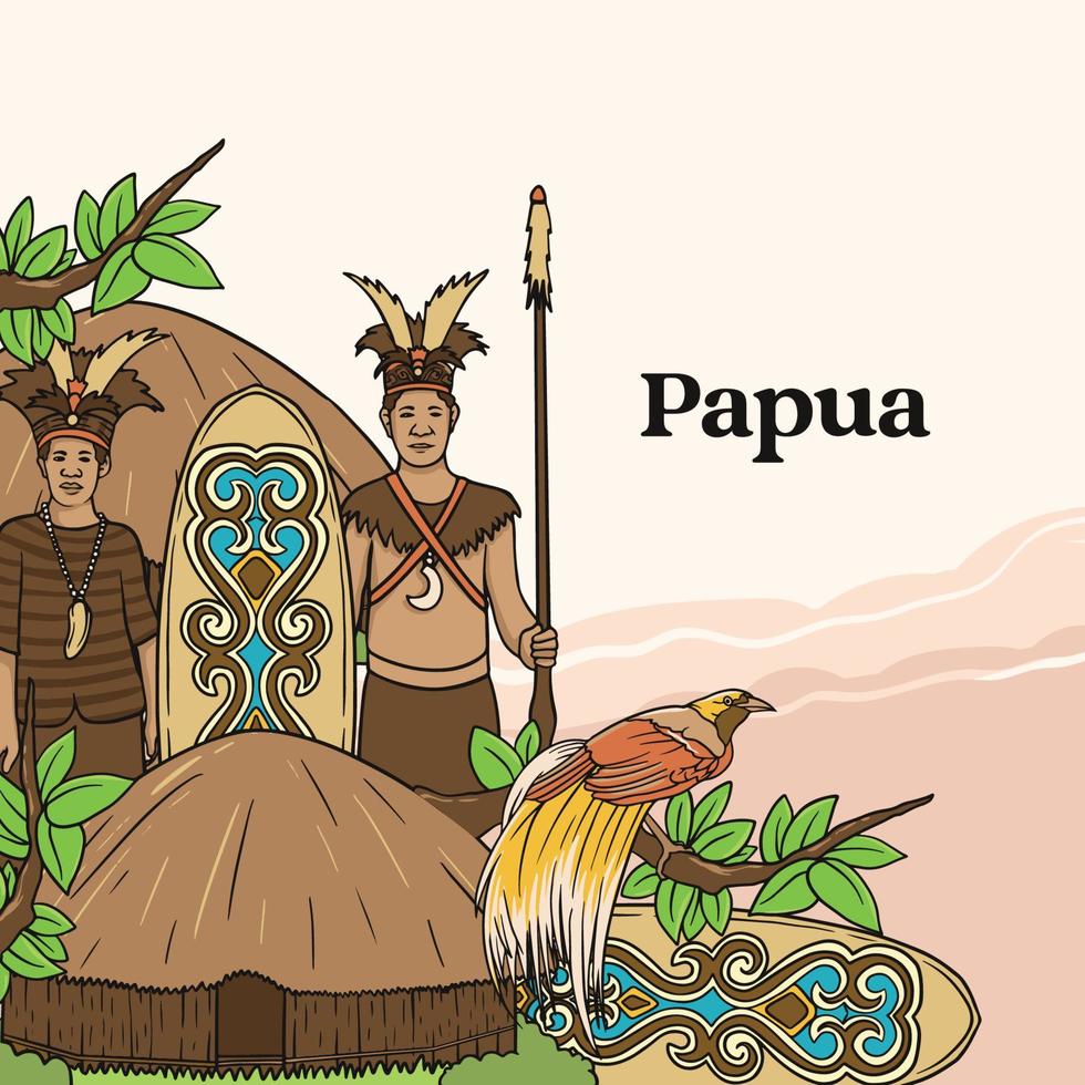 set Papoea-illustratie. handgetekende Indonesische culturen achtergrond vector