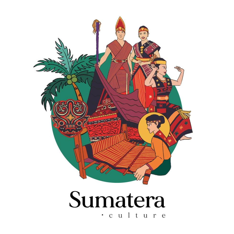 set bataknese sumatera illustratie. handgetekende Indonesische culturen achtergrond vector