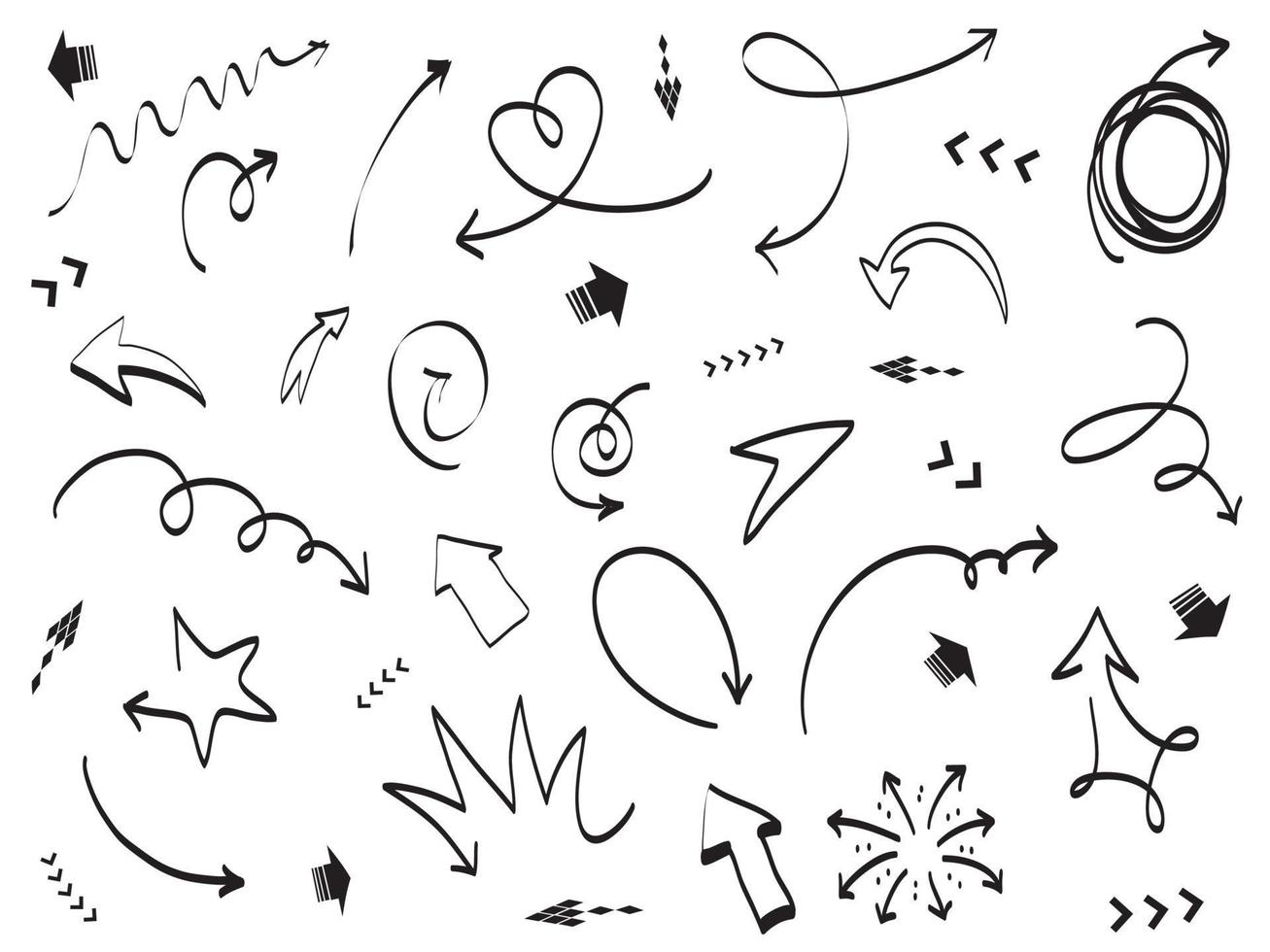 hand getrokken pijlen pictogrammen instellen. pijlpictogram met verschillende richtingen. doodle vectorillustratie. geïsoleerd op een witte achtergrond. vector