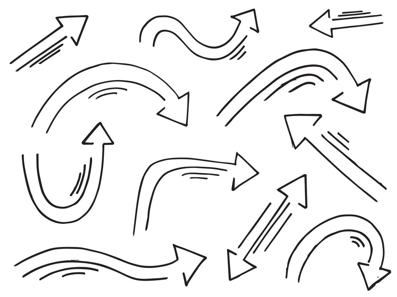 hand getrokken pijlen pictogrammen instellen. pijlpictogram met verschillende richtingen. doodle vectorillustratie. geïsoleerd op een witte achtergrond. vector