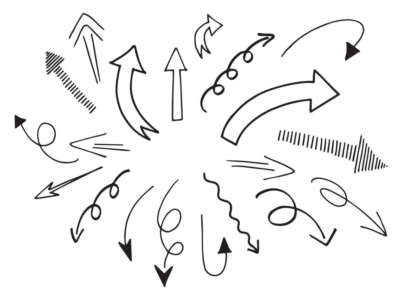 hand getrokken pijlen pictogrammen instellen. pijlpictogram met verschillende richtingen. doodle vectorillustratie. geïsoleerd op een witte achtergrond. vector