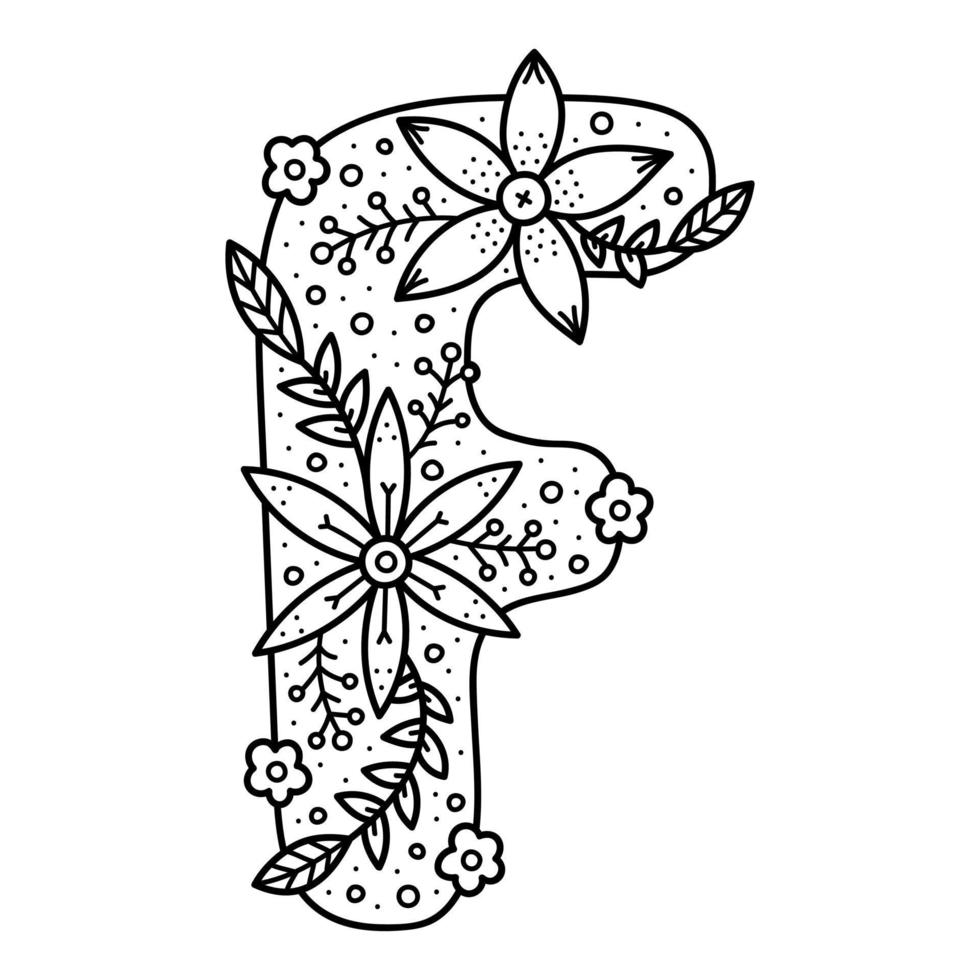 bloemen alfabet. kleurloze doodle letter f. kleurboek voor volwassenen en kinderen. vector