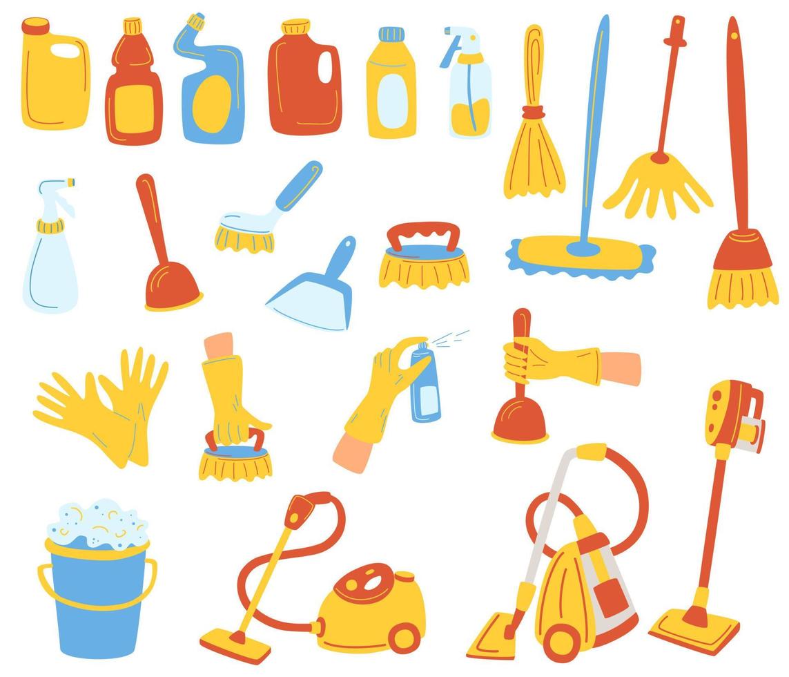 schoonmaakdiensten. set met huishoudelijke benodigdheden en schoonmaakproducten. sanitaire en chemische producten. perfect voor banner, website, reiniging. cartoon platte vectorillustratie vector