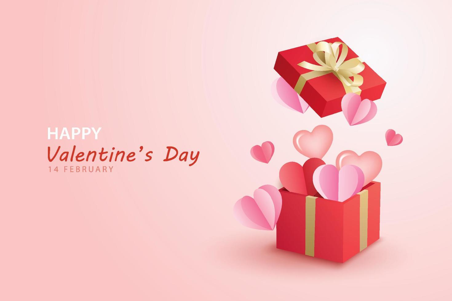 Valentijnsdag met rode geschenkdozen en veel harten op roze achtergrond. vector